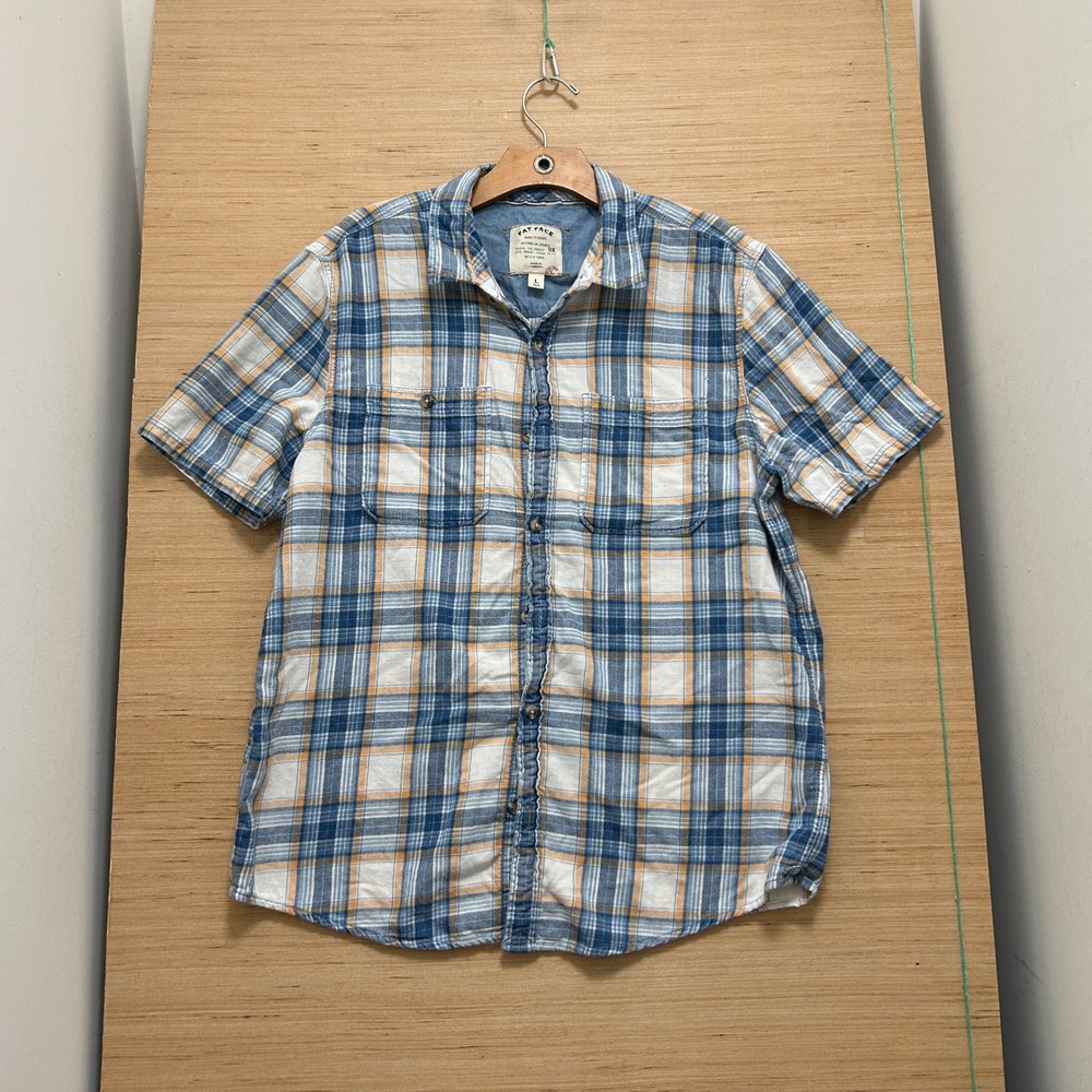 Fat Face Mens Blue Orange Plaid Short Sleeve Button Down Shirt Size L 7609